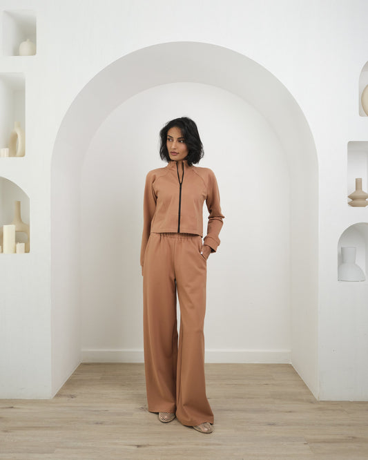 Cropped Knit Track Top & Wide-Leg Pants Set