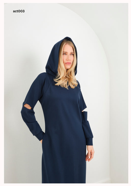 act003 - Navy Hooded Maxi Dress - Quiet Strength